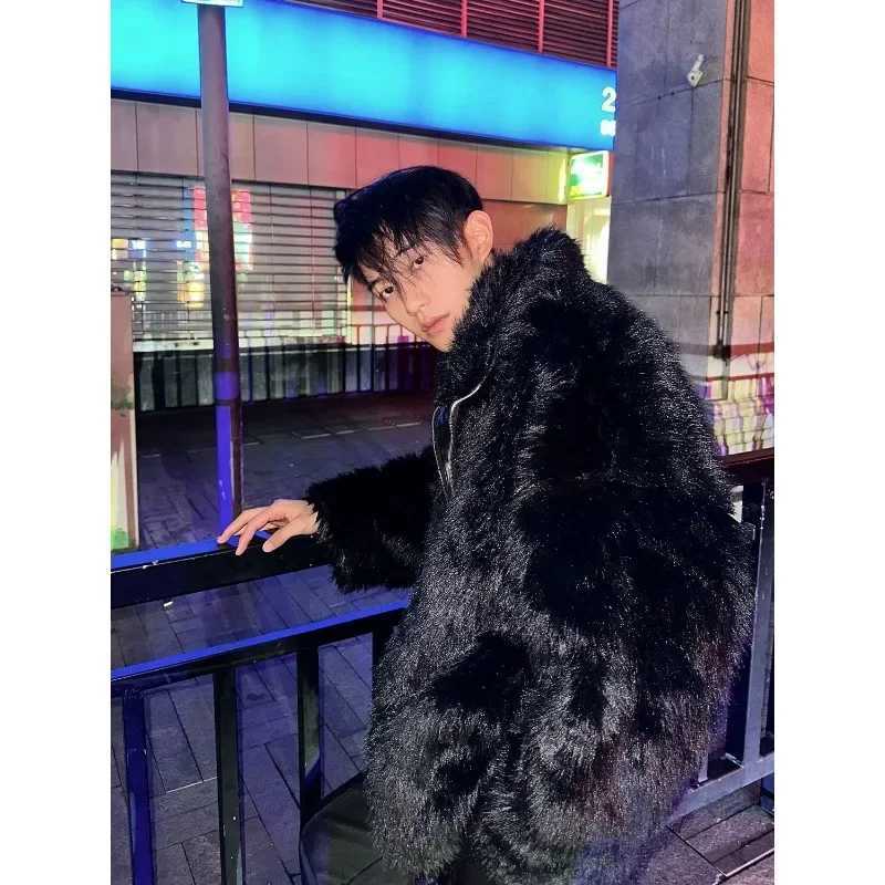 Korean Fashion Faux Fox Fur Coat New Fall and Winter High Street Trend Warm Jacket Man Streetwear Hip Hop Black Faux Fur CoatXJ241102