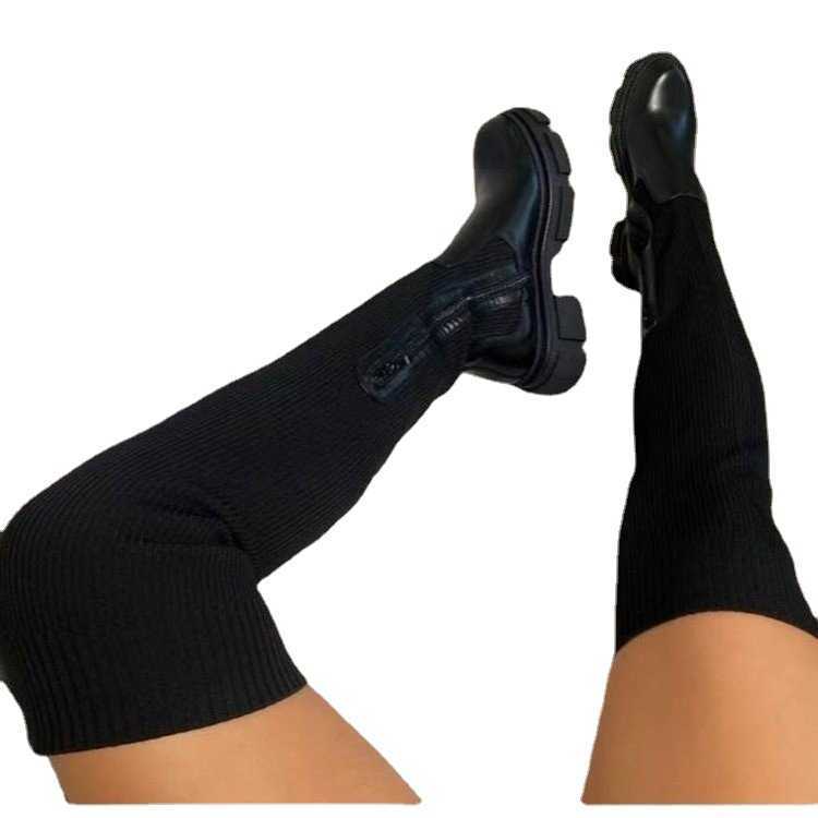 CMM Autumn and Winter Womens Long Boots Thick Soled Round Toe Knitted Boots Over the Knee Womens Boots Shoes