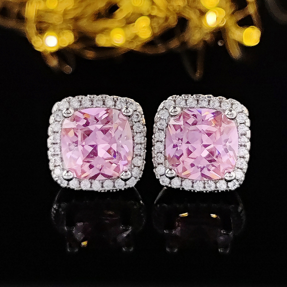 Fashion Square Zircon Color Diamond Women's Stud 925 Sterling Silver Crystal Stud Earrings White Diamond Princess Earrings Wedding Jewelry