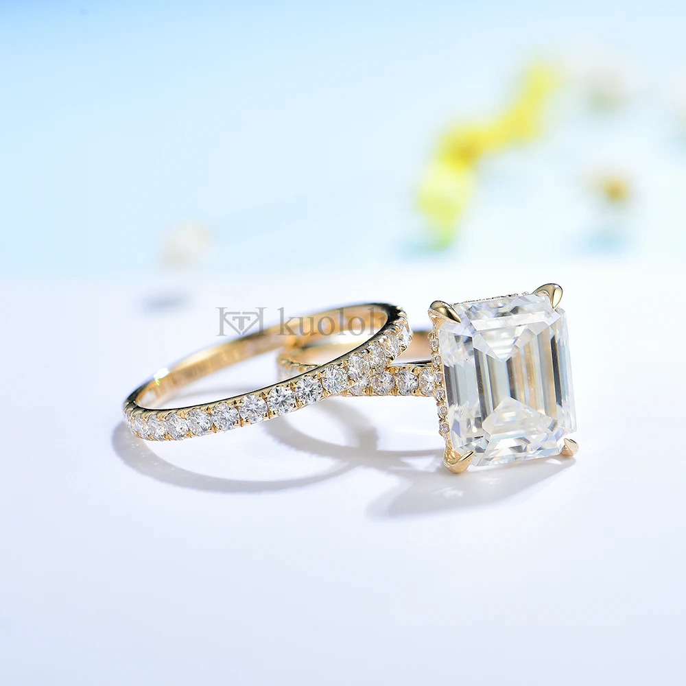 Kuololit 5CT AU750 18K 14K White Gold Set Ring for Women Emerald Cut D VVS Solitaire Engagement Party Gifts 240402