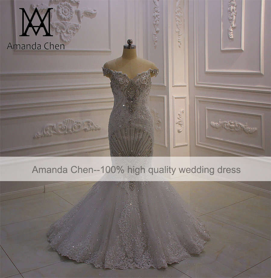De Robe Mariage Off Shoulder Lace Appliqued Crystal Mermaid Detachable Train Wedding Dress tachable