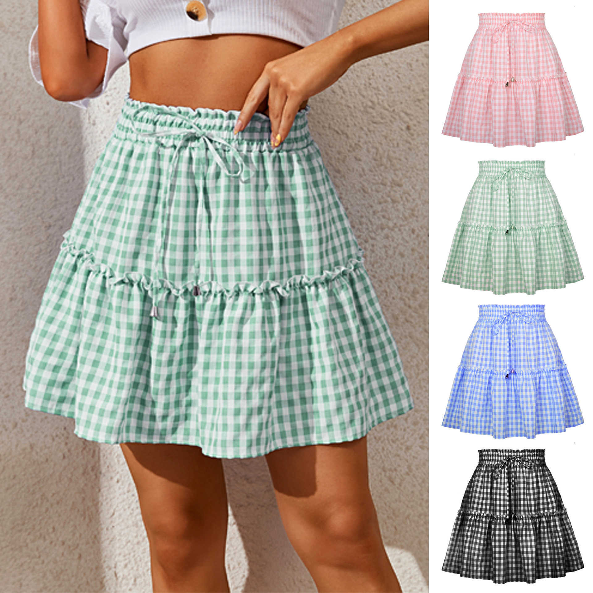 Pleated Plaid Skirt Clothes For Women Printed Vintage Ruffle Skirt WoMens High Waist Elastic Short Ball Gown Skirt Length Adult Skirts 241023