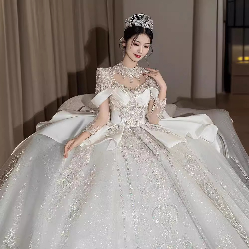 Cystal Beading Vintage ball gown new P Africa Bridal Gowns With sweep Train Long Sleeve Perspective White Dress Wedding Bridesmaid Vestido