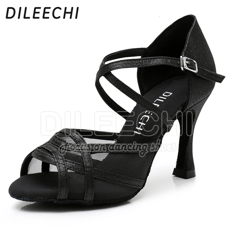 DILEECHI Latin dance shoes Women Flash Satin Gold Silver Black wide thin high heel 9cm Salsa Performance Ballroom dancing shoes 241101