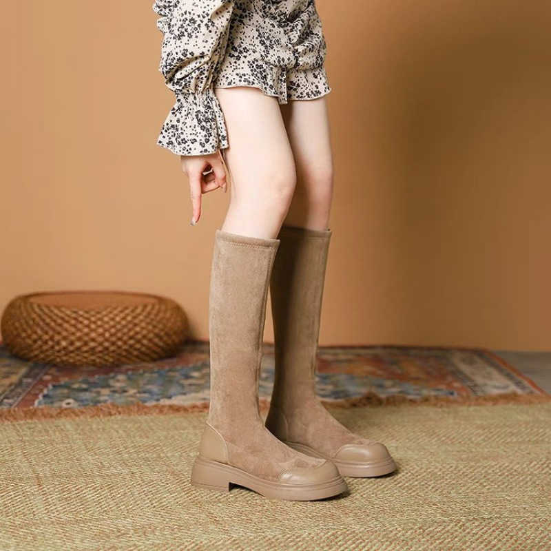 CMM Over the Knee Long Boots Womens Suede Elastic Boots Autumn New Small Fragrant Thick Sole Thick Heel High Tube Slim Boots