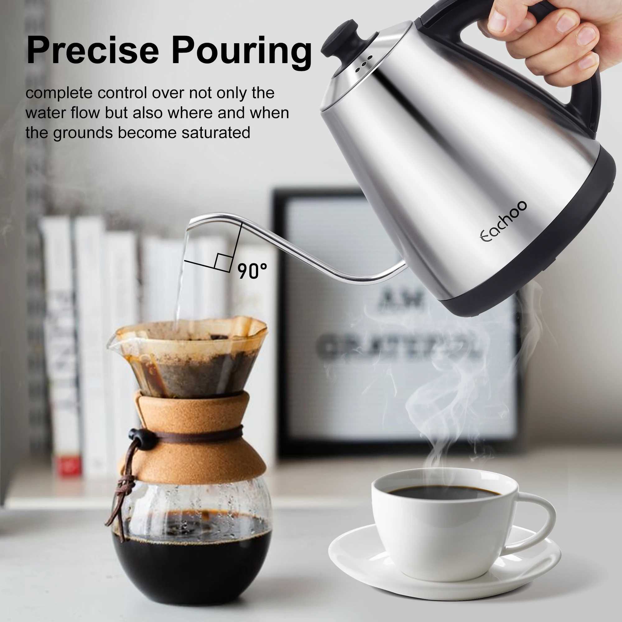 Stainless steel electric gooseneck kettle with coffee dropper poured onto the coffee pot temperature control LED display screen Y241102