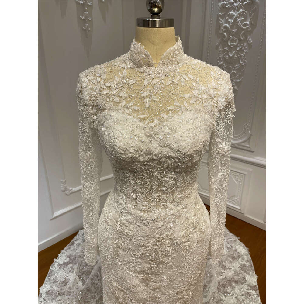 Customized High Neck Long Sleeve Soft Lace Mermaid Wedding Dress
