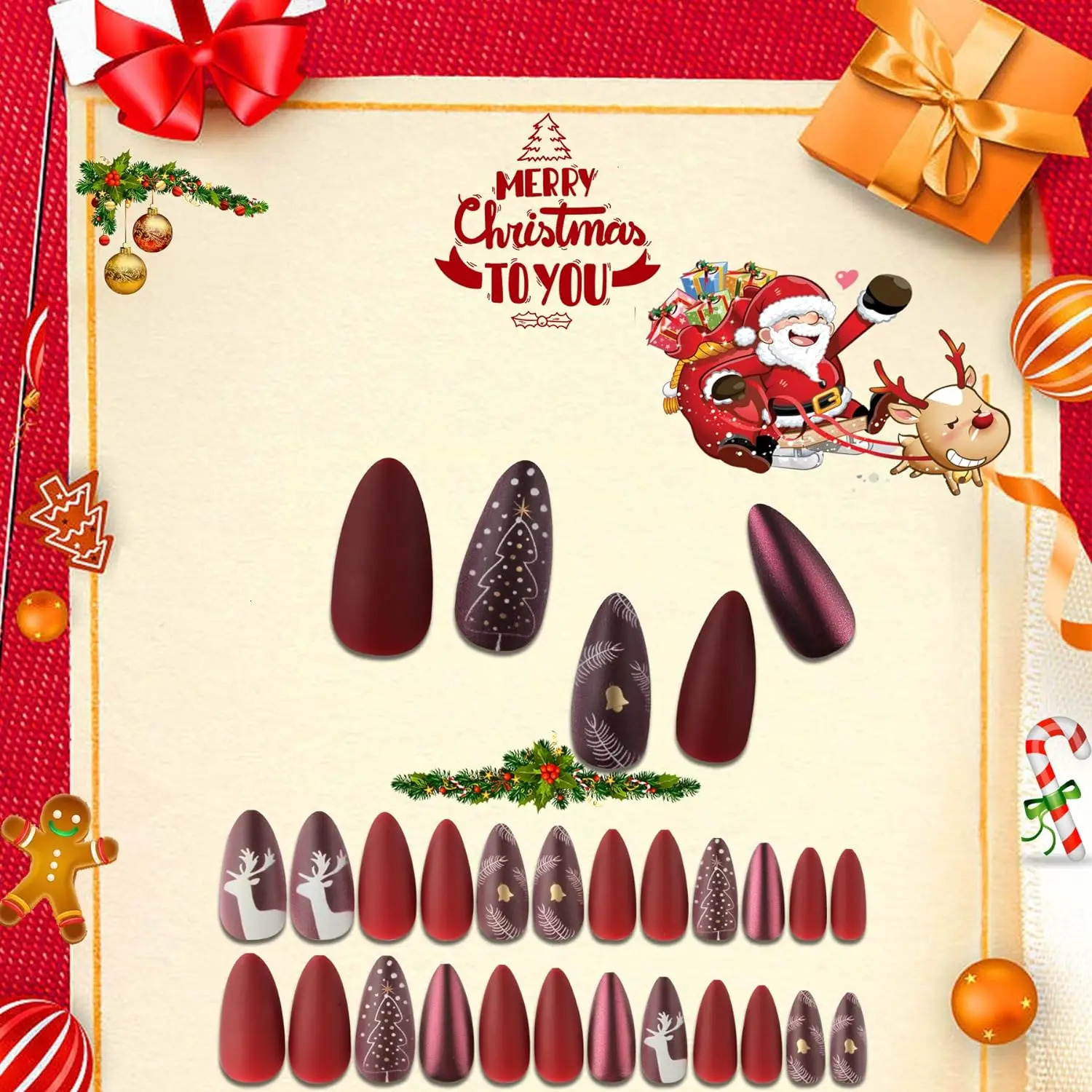 Christmas Theme Medium length Solid Red Nail Art Purple and Elk Fake Nail Sharp Finger Date Acrylic Holiday Fake Nail 241031
