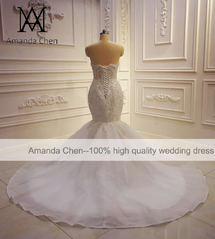 Amanda Novias Mermaid Lace Applique Design Strapless Wedding dress