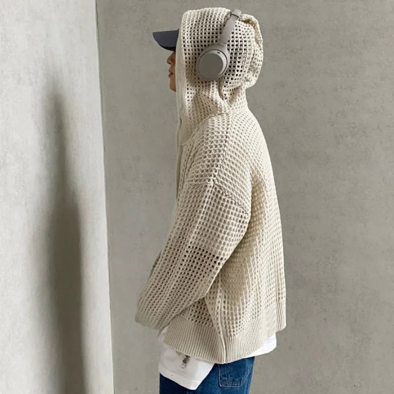 Hollow Out Hooded Cardigan for Men SpringSummer Korean Loose Mesh Trend Lazy Coat Casual Zipper Knitted Jacket High Streetwear 241024