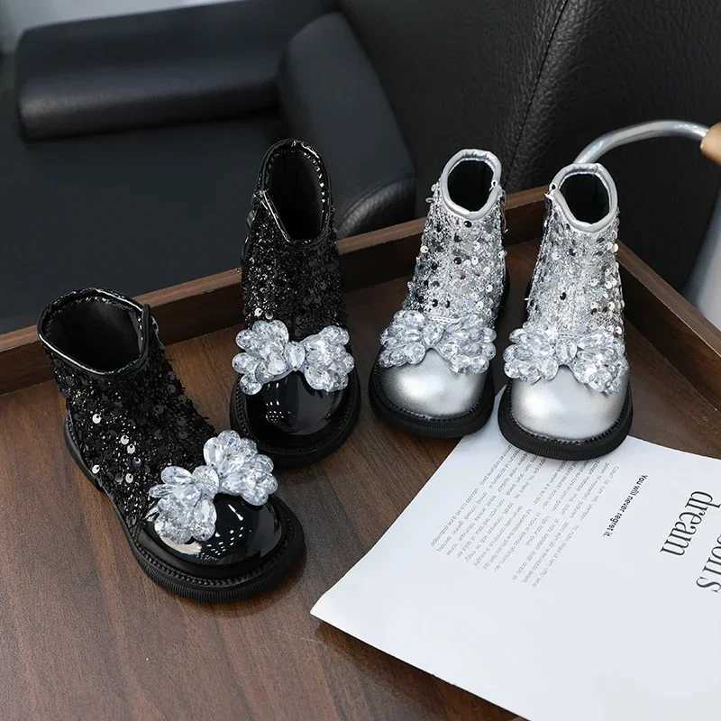 New girls childrens shoe set luxurious rhinestone princess leather boots with sequins fashionable childrens shoulder and foot boots side zipper M24110