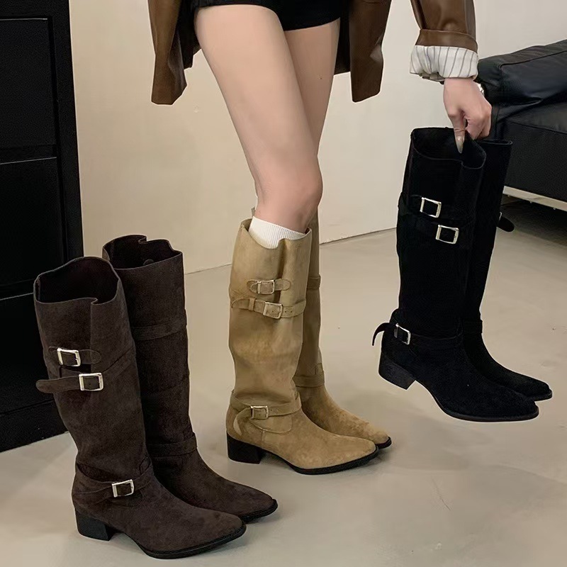2024 Autumn And Winter New Pointed Long For Women, Thick Heel High Leg Boots That Do Not Exceed The Knee, High-Heeled Women's Shoes