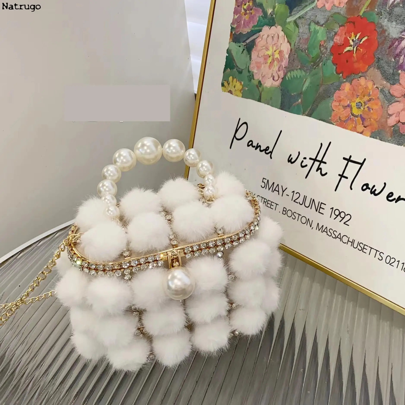 Pearl Handle Rhinestone Evening Bag Fur Crystal Top Handbag Womens Wallet and Handbag Banquet Bag 241031