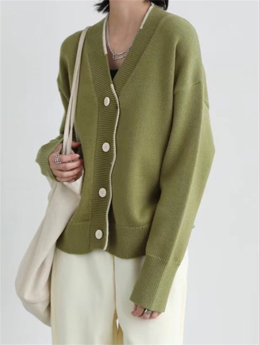 Korean Version Soft And Skin Friendly Playful Age Reducing Loose V Neck Wavy Placket Long Sleeved Versatile Temperament Knitted Cardigan For Women F11