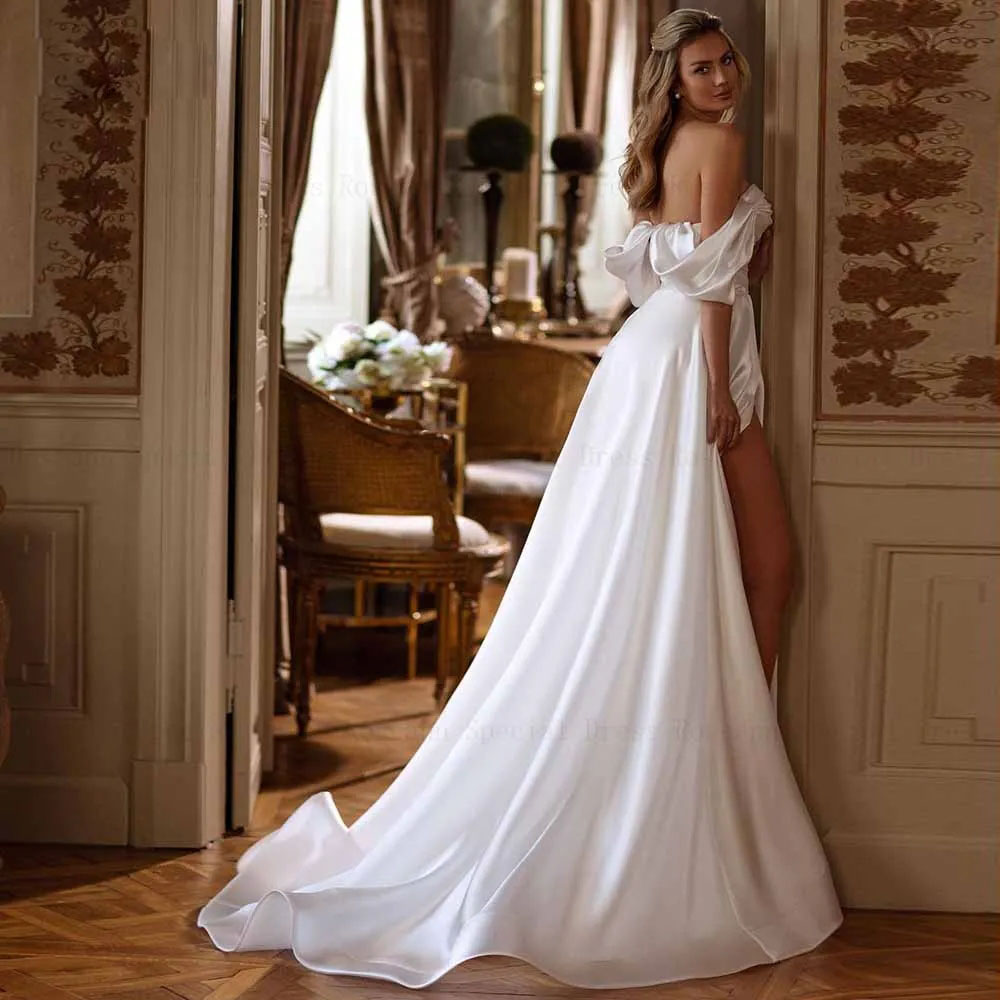 Modern Thigh High Slits Wedding Dresses Off the Shoulder Beaded Neck A Line Wedding Dress for Bride Ruched Satin robe de mariee