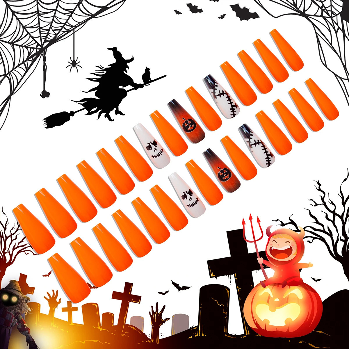 Aokitec Pressing Fake Nails Halloween Wearable Long Vacation Removable Full Cover Nail Tip Christmas DIY Hand Tool 241031