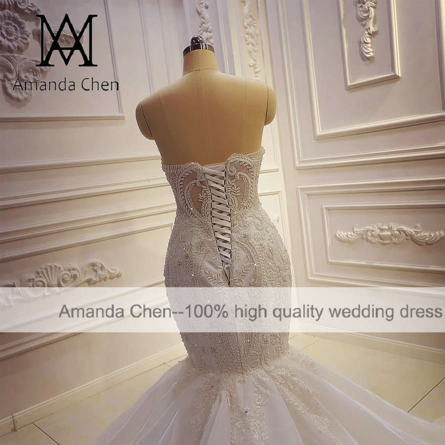Amanda Novias Mermaid Lace Applique Design Strapless Wedding dress
