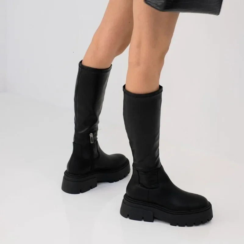 Fashion Black Slimming Thick Heels Knee High For Women Punk Style Autumn Chunky Platform Boots Ladies Party Shoes