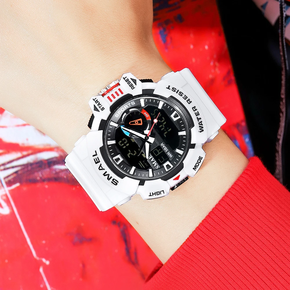 SMAEL Quartz Watch new for Men Waterproof Luminous Hands Dual Display Digital Wristwatch White Rubber Bracelet 2025 Sport Clock