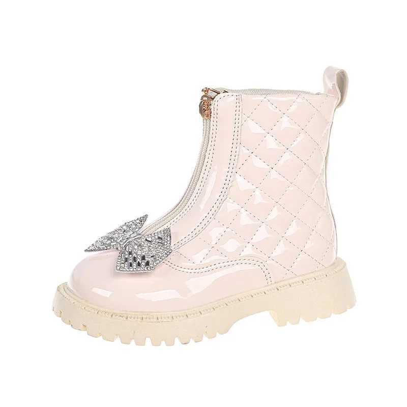 New fashionable checkered girls shiny bow ankle boots with childrens front zipper anti slip boots M241102