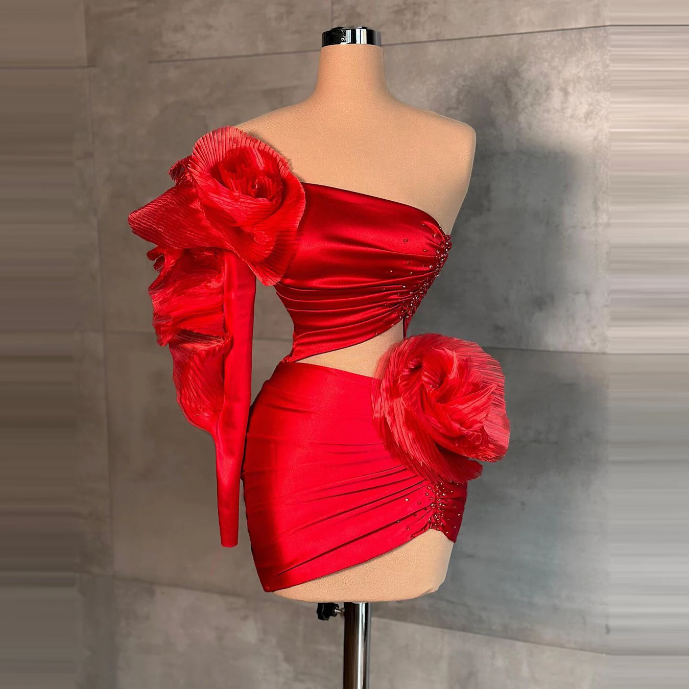 Red Short Floral 2025 Evening Dresses One Shoulder Long new Sleeves Ruffles Mini Length Mini Length Satin Prom Dressing Gown
