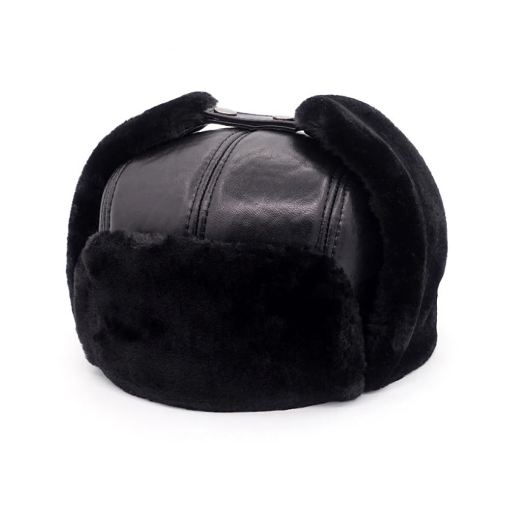 Fashion Russian Adult Hat Mens 100% Natural Sheepskin Bomber Hat Mens Casual Winter Warm Sheepskin Hat 241031
