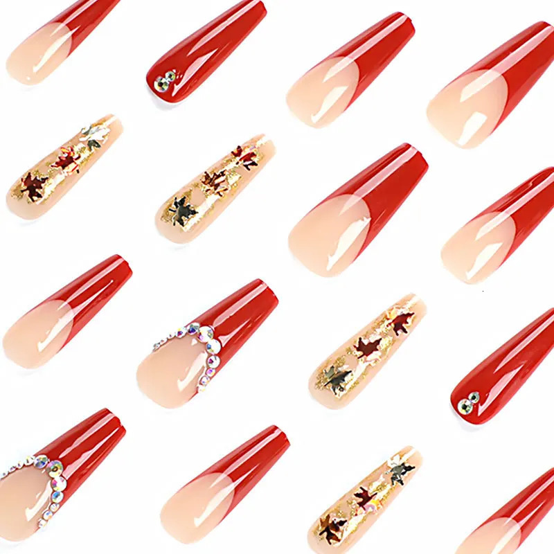 24 handmade autumn and winter maple leaf glitter wearable nails fake nails and sparkling diamonds from France Europe and the United States 241031