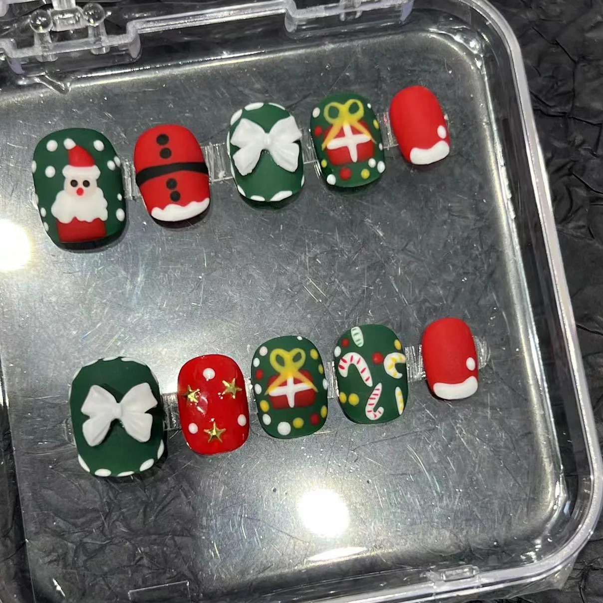 10 pieces of acrylic nails on Christmas press handmade French fake nails 3D bow decoration frosted cute short fake nails square wearable 241031
