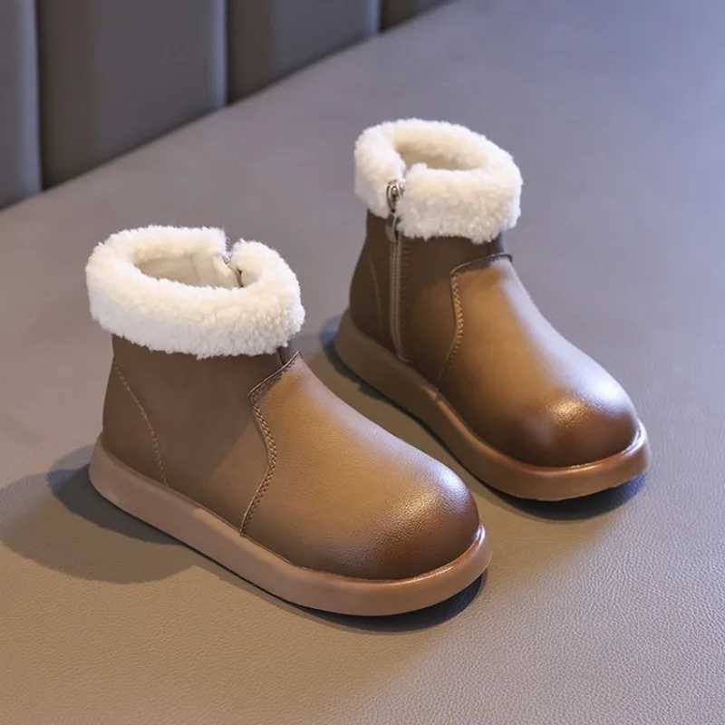 Girls winter boots soft and simple childrens snow boots solid color leather cover childrens warm cotton boots fashionable classic version zipper M2411