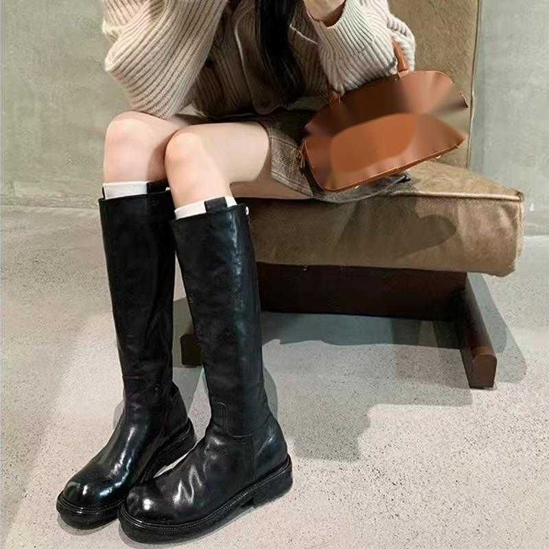 CMM Autumn and Winter New Washed Horseskin High Tube Slimming Mid Length Boots Thick Heel Thick Soled Knight Boots for Women