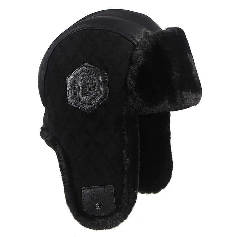 winter mens hat with earrings ious PU leather faux fur bomber hat Ushanka outdoor warm trap hat from Russia mens 241031