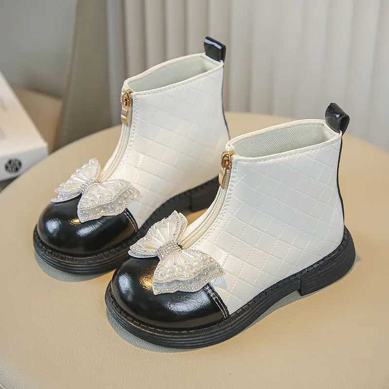 Crystal Bow Girls Fashion Boots Zipper PU Leather Patch Work Childrens Ankle Shoes Princess Soft Bottom Childrens Short Boots M241102