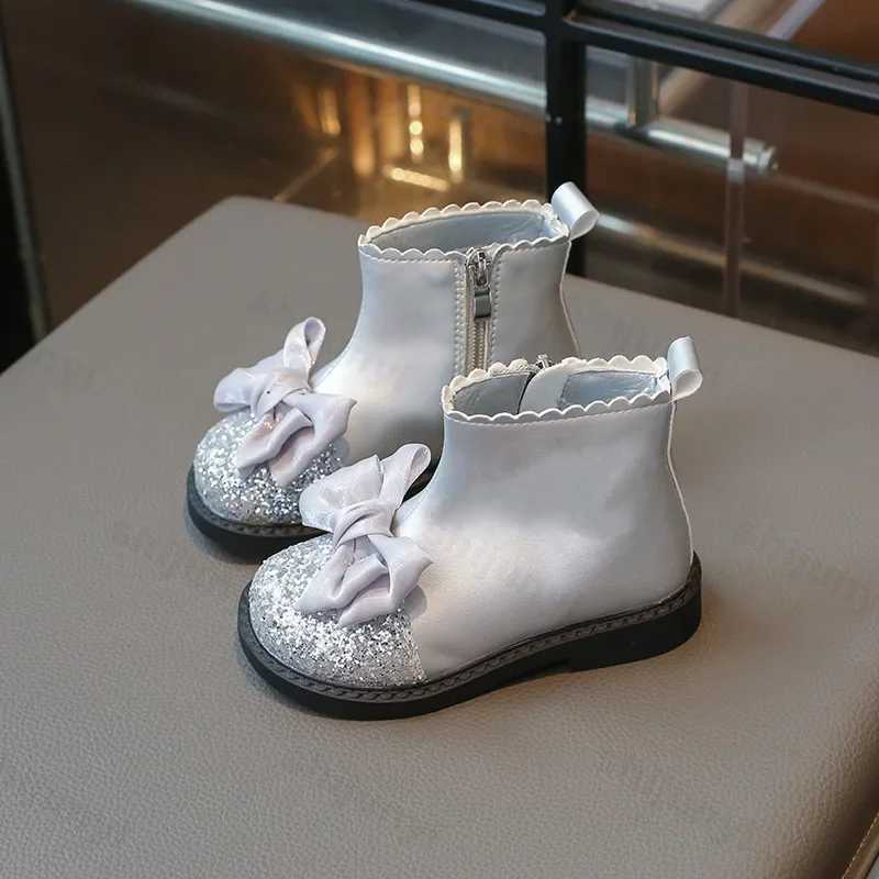 Fashion girl princess leather boots sweet bow sequins ankle boots childrens version side zipper boots anti slip childrens shoes M241102