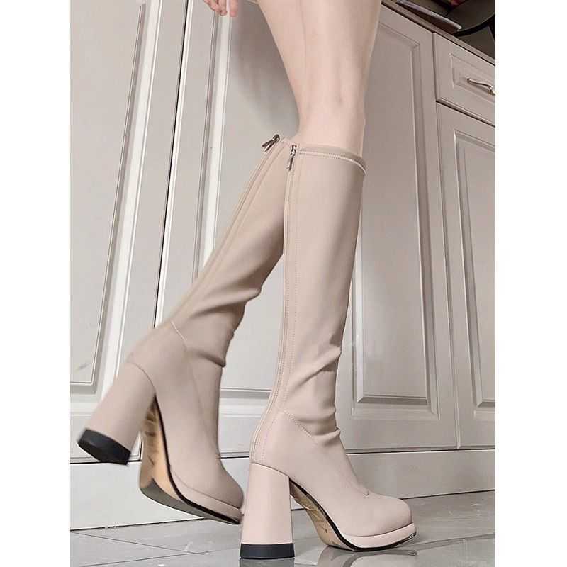 CMM Look Slimmer! Short Long Tube Boots Womens High Heels Spring and Autumn Collection Milk Tea Color Thick Heel Height Increasing Square Toe Boots
