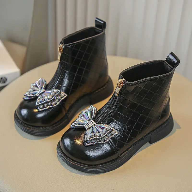 Crystal Bow Girls Fashion Boots Zipper PU Leather Patch Work Childrens Ankle Shoes Princess Soft Bottom Childrens Short Boots M241102
