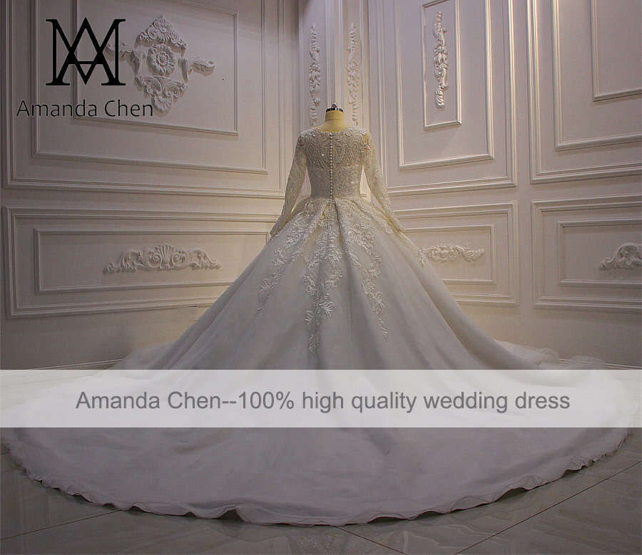 bruidsjurken Full Sleeve Lace Applique Wedding Dress for Muslim Bride