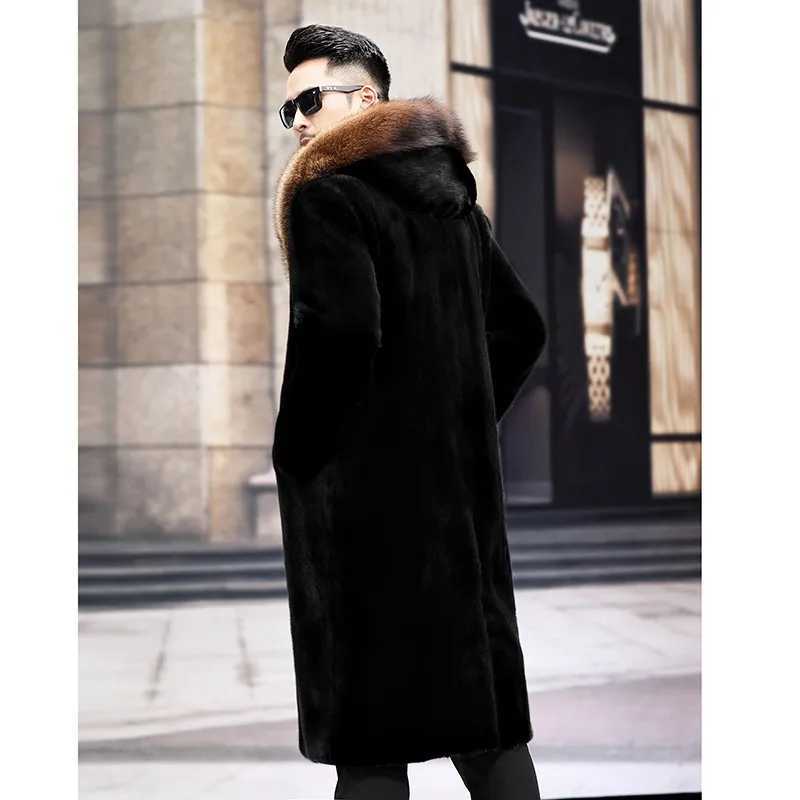 Mens long fur coat Winter warm mink coat fox fur collar hooded jacketXJ241102