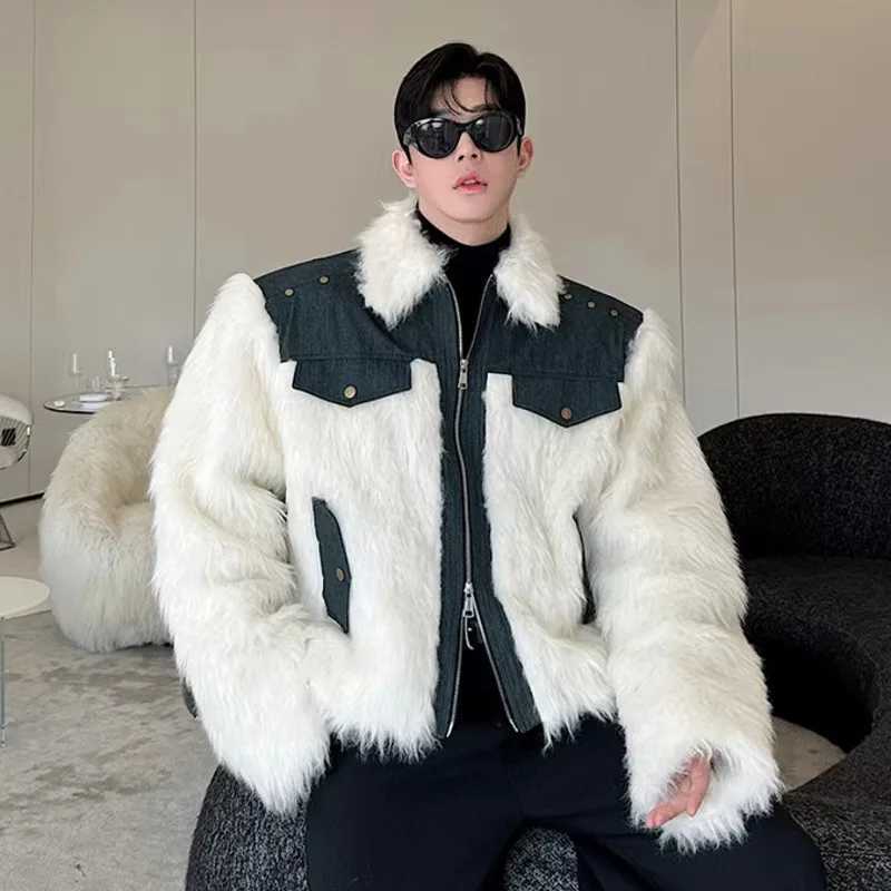 IEFB Niche Design Mens Faux Fur Coats Turn-down Collar Denim Patchwork Fake Mink Hair Loose Male Jackets Autumn Winter 9C8187XJ241102