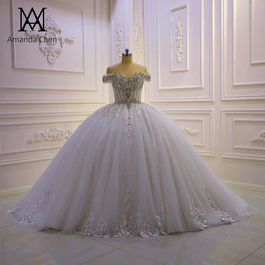 bridal dress Off Shoulder Lace Applique Crystal Sheer Wedding Dress