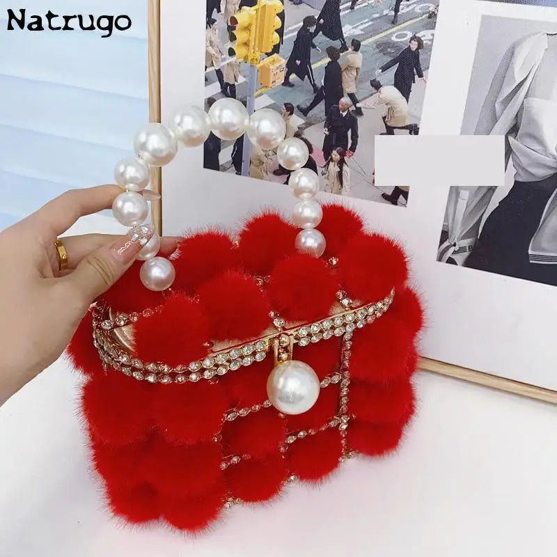 Pearl Handle Rhinestone Evening Bag Fur Crystal Top Handbag Womens Wallet and Handbag Banquet Bag 241031