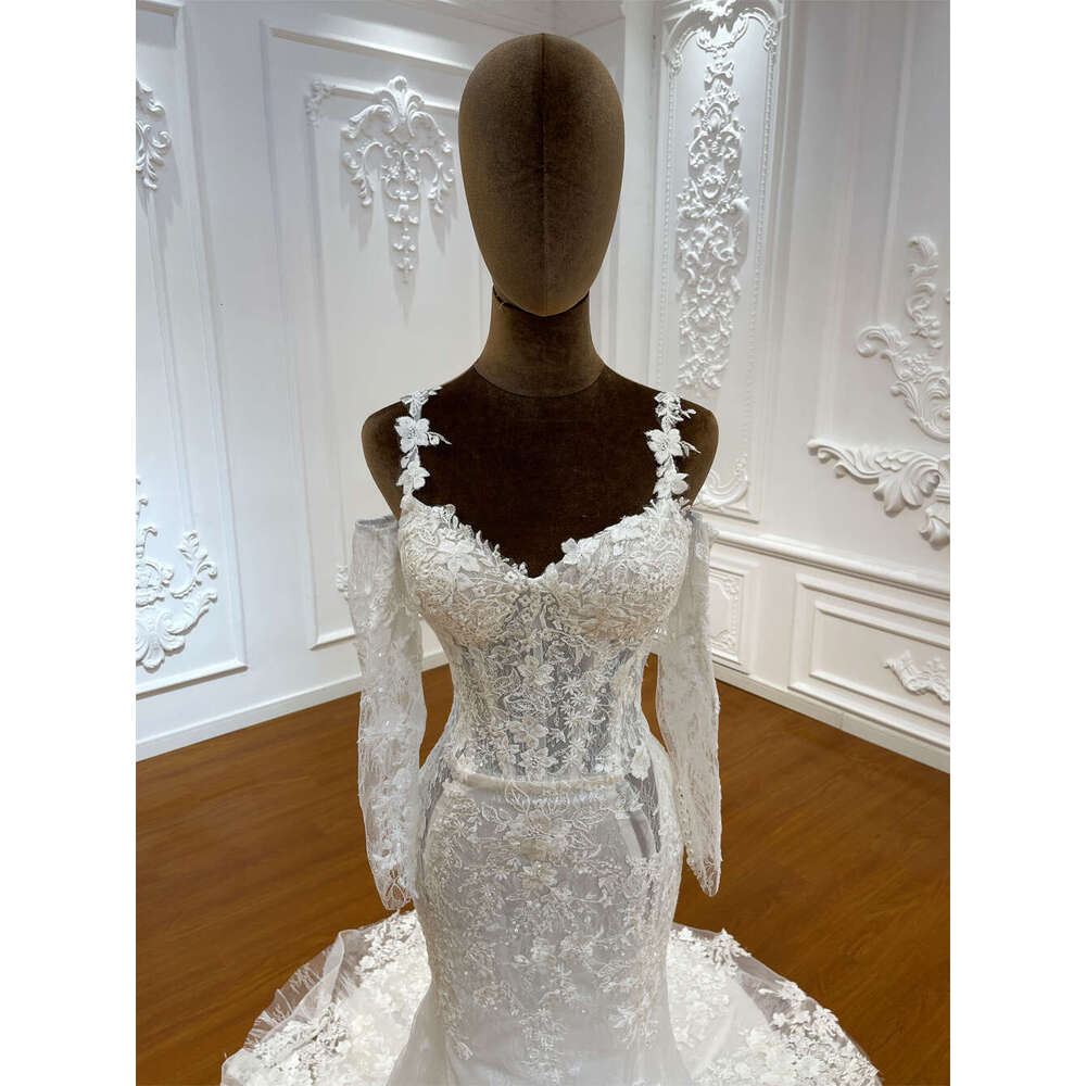 Customized New Design Applique Lace Detachable Long Sleeve Mermaid Bridal Wedding Dress