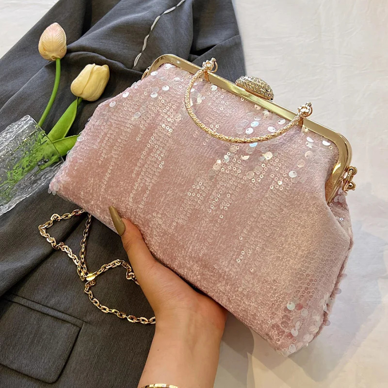 womens sequined metal handbag chain shoulder bag fashionable womens party clip shell coin wallet night clutch 241031