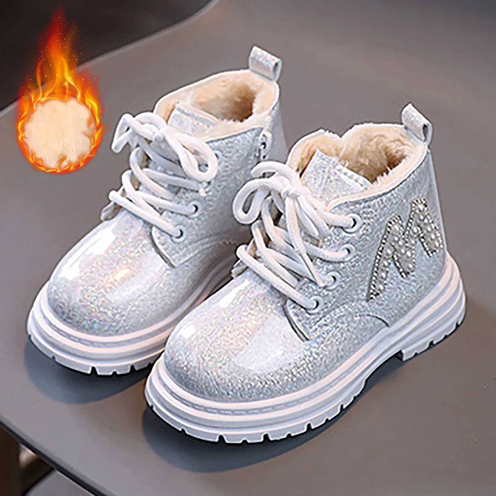 Childrens fashionable rubber ankle boots cool autumn and winter cotton soft sole sparkling leather M pearl sled zipper girls fashion shoes M241102