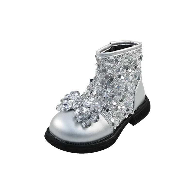 New girls childrens shoe set luxurious rhinestone princess leather boots with sequins fashionable childrens shoulder and foot boots side zipper M24110