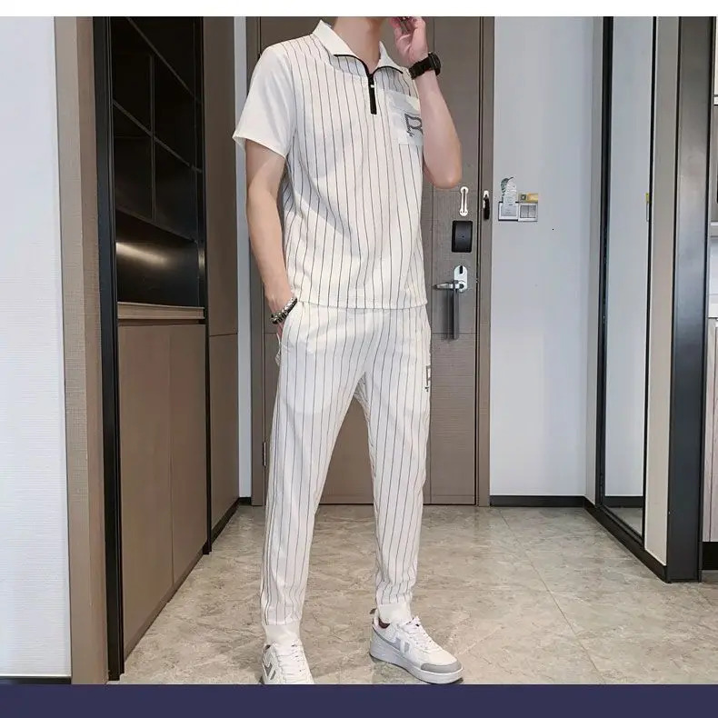 Summer Ice Silk Casual Suit Mens Youth Korean Version of the Trend Striped Short-sleeved T-shirt Shirt Trousers Tracksuit Two S 240402