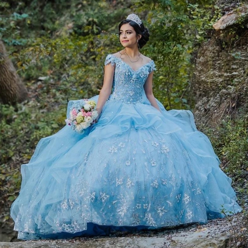 Sky Blue Princess Sage Green Quinceanera Dress Ball Gown Lace Applique Beading Tiered Tull Corset Sweet 16 Vestido 15 De Anos