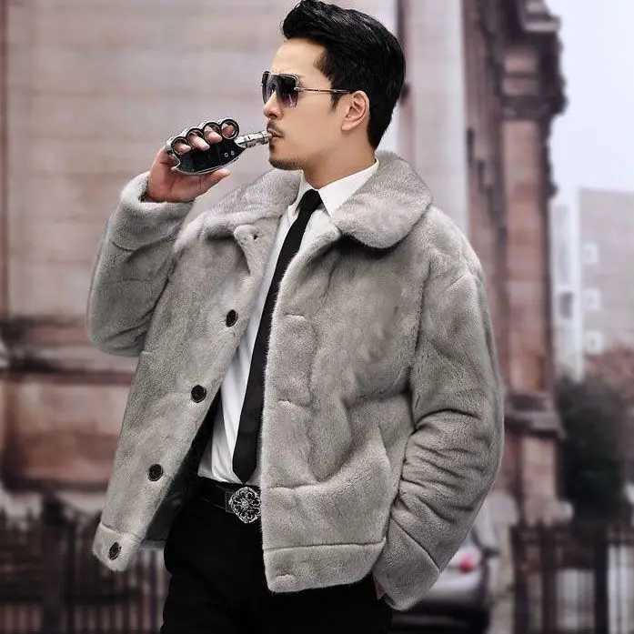 New Winter and Autumn Mens Square Collar Faux Fur Coat Long Sleeve Windbreaker Loose Casual Male Leather Jacket 2022 Z78XJ241102