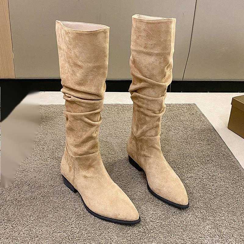 CMM Pile Up Boots for Womens Fashion Suede Thick Heel Pointed Toe Autumn New Versatile Pleated High Top Boots