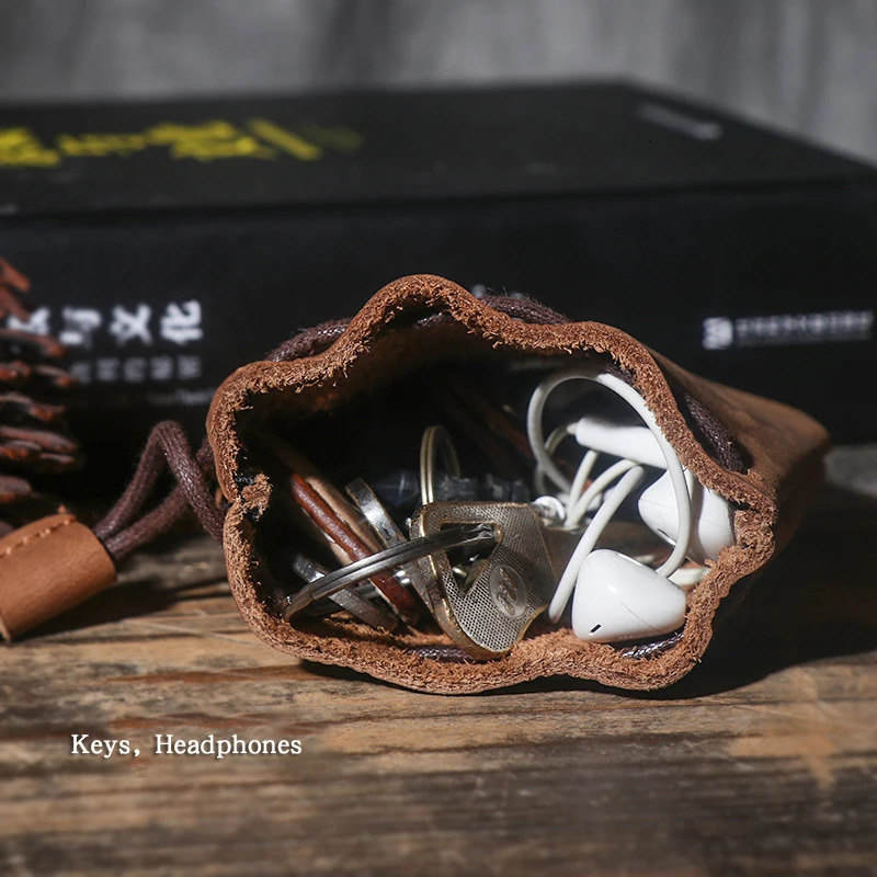 LUOKIR Mens Genuine Leather Coin Purse Simple Vintage Small Card Bag Womens Cowhide Wallet Keys Money Drawstring Storage Bags 241029