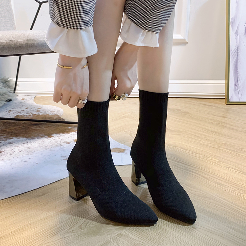 2022 Spring And Autumn New Pointed Soc, Thin Boots, Breathable Flying Woven High Heels, Solid Color All-Match Women's Boots